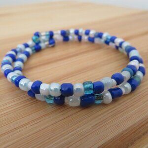 Ocean Blue Pearl Beaded Memory Wire Wrap Around Bracelet